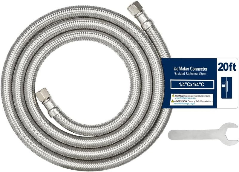 PLUMBINGMASTER 20FT Stainless Steel Braided Ice Maker Supply Line – 1/4″ Compression x 1/4″ Compression Fittings, Lead‑Free, Burst‑Proof, Universal Fit, NSF/UPC Certified, 10‑Year Warranty - Image 1